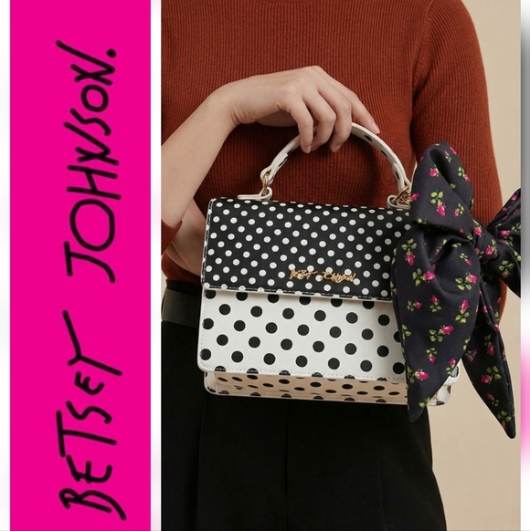 Betsey Johnson Handbags - Betsey Johnson Black & White Polka Dot Top Handle Satchel with Floral Bow
